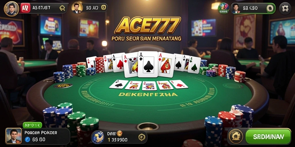 Screenshot gameplay ACE777 menampilkan aksi poker yang seru dan interaktif.